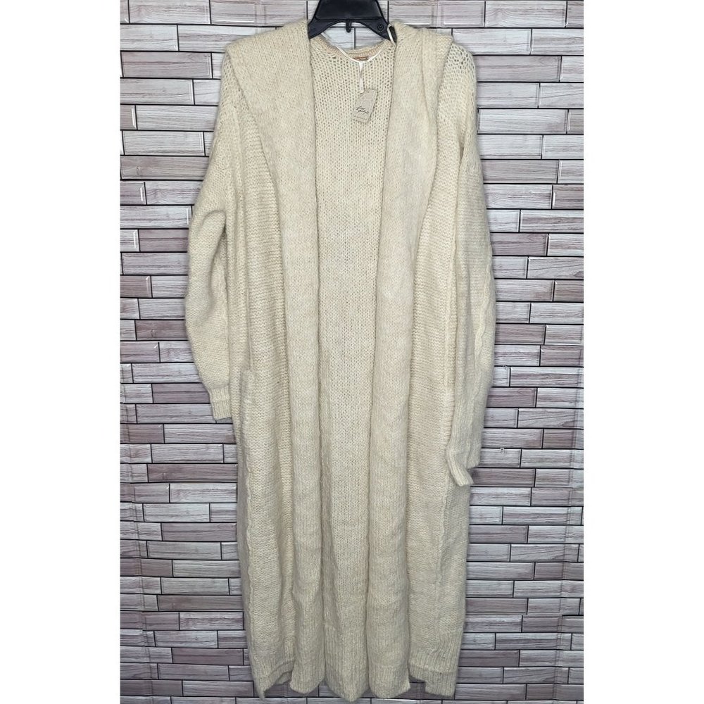 Free People Cream Longline Open-Front Knit Cardigan with Hood